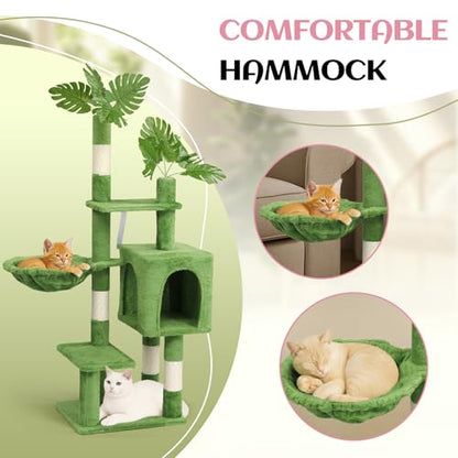 Outvita Cat Tree 48in Monstera Cat Tower with Leaves, Multi-Level Cat Tree Tower with Condo, Cozy Plush Hammock, Dangling Toy, Sisal Scratching Posts, Large Pet Activity Center for Indoor Cats, Green - size: 48" Green