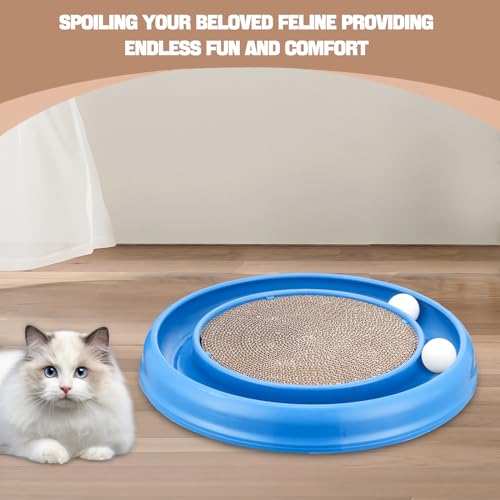 Cat Scratching Board with Balls for Cats Grinding Claw, Round Cat Scratcher Interactive Toy, Cat Ball Track Scratcher Pad for Cats Exercise Play(Blue)