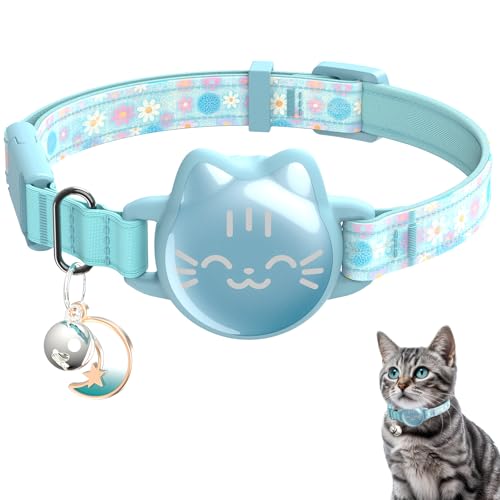 Waterproof Airtag 2nd & 1st Cat Collar, Breakaway Cat Airtag Collar with Luminous & Reflective Fish Pattern, Lightweight Kitten Collars for Apple Air tag, Hidden GPS Tracker Holder for Cats, Kittens - color: Floral Mint green