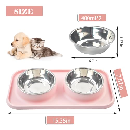 Double Dog Food Bowls with Mat,Stainless Steel Dog Bowls with No Spill Non Skid Silicone Mat Removable Cats Water and Food Bowl Set for Puppy Cats Kitten Small Medium Dogs(Pink) - color: 【Pink】