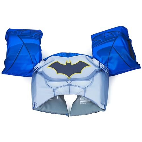 SwimWays DC Batman Swim Trainer, US Coast Guard Approved Life Vest Kids Swim Vest, Arm Floaties & Life Jackets for Kids 33-55 lbs, Batman - color: Swim Trainer