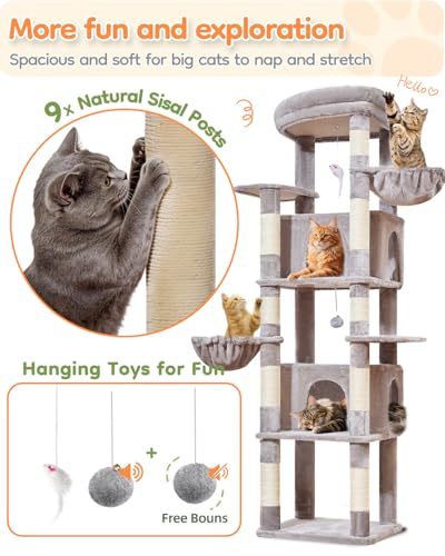 Taoqimiao Heavy Duty Cat Tree, 73in Cat Tower for Indoor Cats 25 lbs+, Extra Large Cat Tree, 2 Widen Condos, Enlarged Sleeping Platform, 9 Scratching Posts, 2 Cozy Baskets, Cat Toys, F30W Light Gray - color: Light Gray