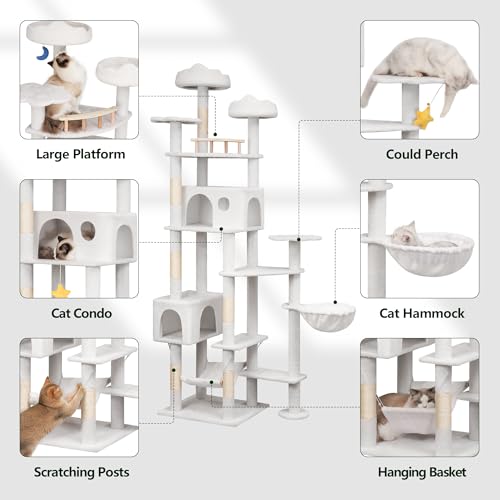 Meecal 79in Tall Cat Tower for Heavy Duty Big Cats, Large Cat Tree with Scratching Post, Plush Perches, Cozy Cat Condos & Hanging Hammocks for Maine Coon, White - color: White
