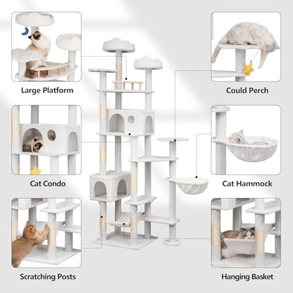 Meecal 79in Tall Cat Tower for Heavy Duty Big Cats, Large Cat Tree with Scratching Post, Plush Perches, Cozy Cat Condos & Hanging Hammocks for Maine Coon, White - color: White