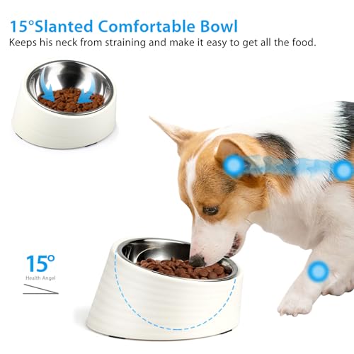 Uppetly Tilted Slanted Dog Bowl 1 Cup, 15° Tilted Stainless Steel Dog Cat Food Bowl, Non-Slip & Non-Spill Pet Feeder with Elevated Detachable Melamine Stand, Easy to Get Food Dish, Medium White - color: White-1Cup