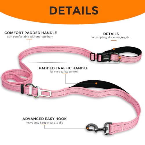 Hands Free Dog Leash by Kazazoo, Adjustable 6-9 FT Waist & Crossbody Leash with Quick Off Buckle, Reflective Stitches for Walking, Jogging,Medium to Large Dogs & Puppies Pink-L - color: Pink, size: L