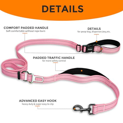 Hands Free Dog Leash by Kazazoo, Adjustable 5.8-8.5FT Waist & Crossbody Leash with Quick Off Buckle, Reflective Stitches for Walking, Jogging,Medium to Large Dogs & Puppies M Size Pink - color: Pink, size: M