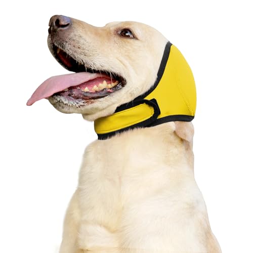 JOHNBOLIN Dog Ear Muffs & No Shake Ear Wrap for Hematoma, Bathing, Drying & Noise Anxiety Relief - Elastic Waterproof Ear Protector with Calming Hoodie Design for Grooming/Head Ear Cover (Yellow, M) - color: Yellow, size: Medium(Head Circle:14"-19")
