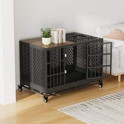 Snuowu 48 Inch Heavy Duty Dog Crate with Wheels, Folding Metal Big Dog Cage for Large and Medium Dogs, Extra Large XL XXL Indestructible Dog Crate with Removable Tray. - size: 47.3"L x 29.0"W x 32.0"H