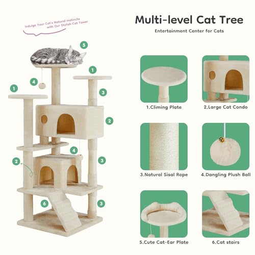 Cat Tree Tower, 54-Inch Cat Tree for Indoor Cats, Multi-Level Furniture Activity Center Cat Tower with Scratching Post, Beige