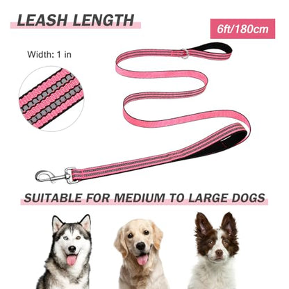 Hikiko 6 Foot Dog Leash with Two Handles Heavy Duty Double Handle Traffic Dog Leash Reflective Training Lead, Hot Pink - color: Hot Pink, size: 1 in x 6 ft