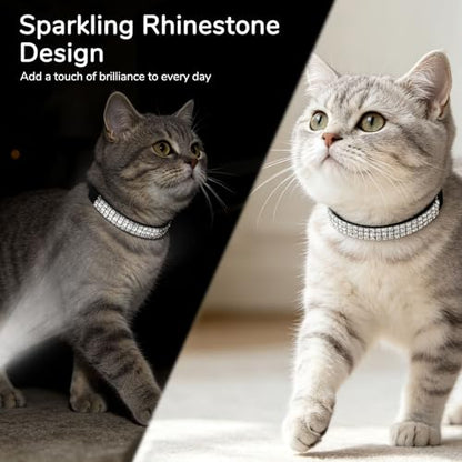 BINGPET Diamond Cat Collar with Bell, Adjustable Soft Velvet Bling Rhinestone Cat Collar, Sparkly Kitten Collar with Safety Elastic & Metal Buckle for Small Medium Cats - color: Black(Rhinestones), size: Neck Girth 8"-10"