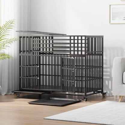 56 inch Heavy Duty Indestructible Dog Crate, Escape Proof Double Door Pet Kennel with Wheels and Trays, Chewproof High Anxiety Extra Large Dog Cage Indoor for Large Giant Dogs, XL/XXL - size: 55.5"L x 29.1"W x 46.1"H