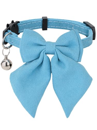 Cat Collar with Bow Tie Bell Breakaway Kitten Small Pet Safety Solid Wedding Basic Pure Color Suede Soft Adjustable Sailor Bow-[1pc] Blue - color: Sailor Bow-[1pc] Blue