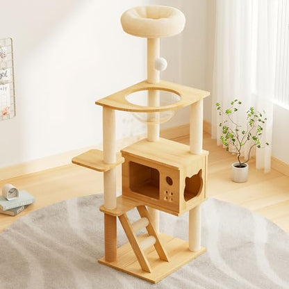 Modern Wooden Cat Tree Tower, 48.8 Inch, with Sisal Scratching Posts, Acrylic Hammock, Condo House and Ladder, for Indoor Cats