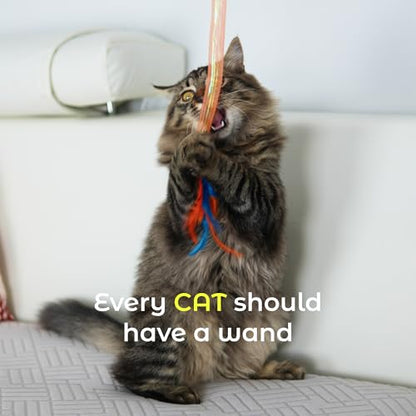Cat Wand Toy 3 Pack for Cats and Kittens, Feather Wand Cat Teaser with Mesh Tube, Bell and Pom Pom, Interactive Fishing Pole Toy for Indoor Cats