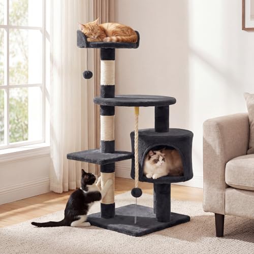 PETSITE 36-inch Multi-Level Cat Tree, with Sisal Scratching Posts, Comfy Top Perch, Cozy Condo, Playful Sisal Rope and Spring Ball, and Dangling Ball, Ideal for Indoor Cats and Kittens (Dark Grey) - color: Dark Grey