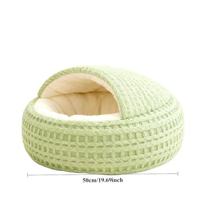 Hooded Plush Cat Bed - Semi-Enclosed Shell Pet Nest, Cozy Warming Anti-Slip Bed for Puppies & Kittens(Green,M) - color: Green, size: M
