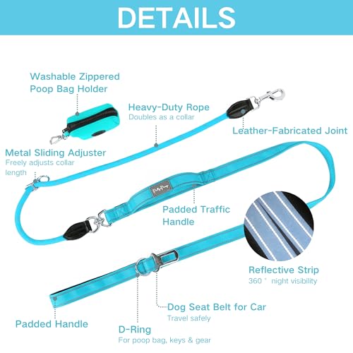 6FT Heavy Duty Dog Leash for Small Medium Large Dogs, Tangle Free Reflective Dog Training Leash with Double Handle, Seat Belt Buckle & Poop Bag Holder (Blue) - color: Blue, size: 6FT