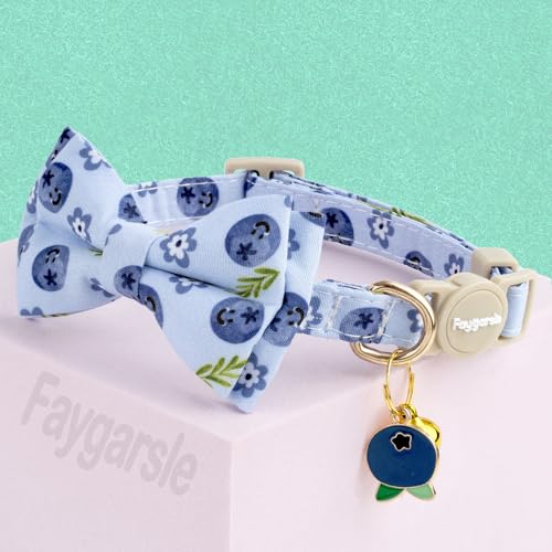 Faygarsle 2 Pack Blueberry Pattern Cat Collar Set with Bandana and Bow Tie, Light Blue, Breakaway Style with Bell - color: Blueberry