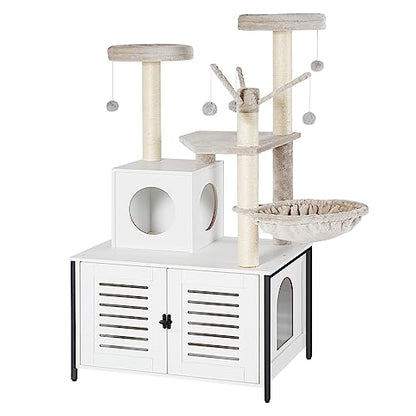 HOOBRO Cat Tree with Scratching Posts, Cat Tower Litter Box Enclosure Furniture for Indoor Cats, All-in-One Wooden Cat House Condo with Cat Hammock, Detachable Teaser Sticks, White BW14MZ03 - color: White