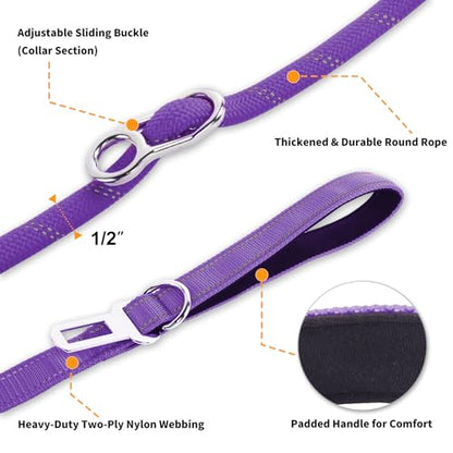 6FT Heavy Duty Dog Leash for Small Medium Large Dogs, Tangle Free Reflective Dog Training Leash with Double Handle, Seat Belt Buckle & Poop Bag Holder (Purple) - color: Purple, size: 6FT