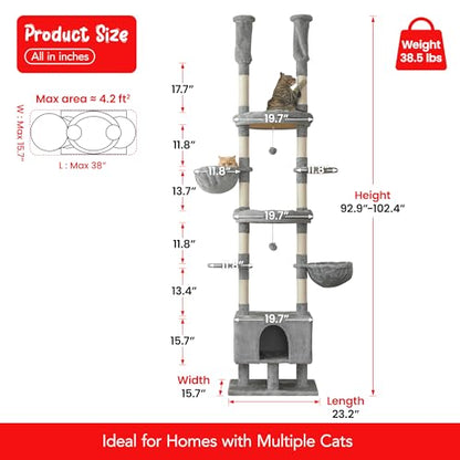 Cat Tree, Floor to Ceiling Cat Tower Adjustable Height [92.9-102.4 in=235-258cm], 7 Tiers Cat Climbing Play House with Scratching Post, Cozy Condo&Hammocks for Indoor Cats, Light Grey - color: Light Grey