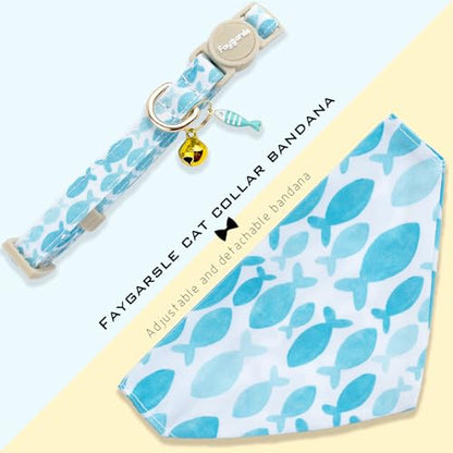 Faygarsle 2 Pack Fish Pattern Cat Collar Set with Bow Tie and Bandana, Light Blue and White, Breakaway Safety Collar with Bell - color: Blue Fish