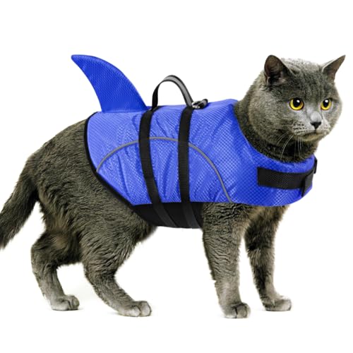 Queenmore Small Dog Life Jacket XXS, Puppy Life Jackets for Small Dogs, Little Dog Life Vest for Swimming/Boating, Cat Life Jacket/Life Vest, Lightweight Shark Pet Water Vest with Handle/Leash Hook - color: Blue, size: XX-Small