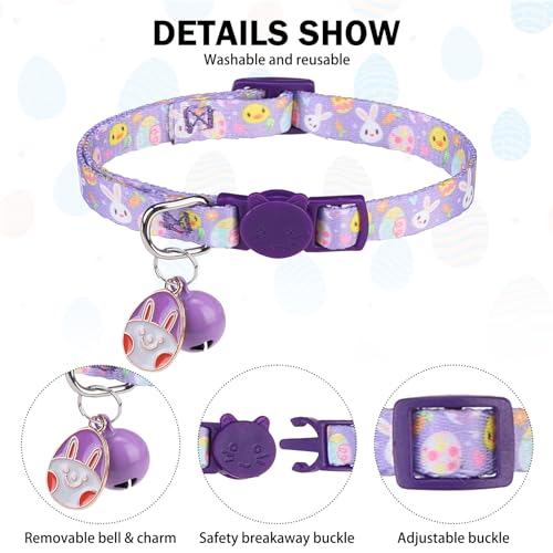 Breakaway Cat Collars for Girl Boy Cats, Spring Summer All Weather Cat Collar Personalized Pattern 2 Pack,Cute Classic Safety Buckles and Bells,Adjustable Printed Nylon Colorful Kitten Collar - color: Easter