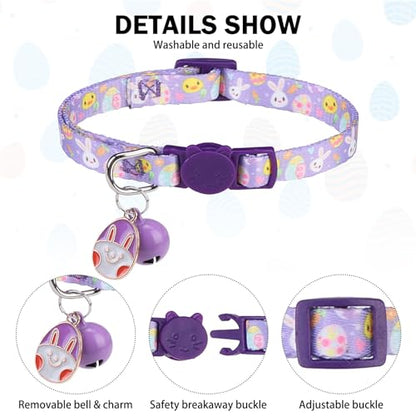 Breakaway Cat Collars for Girl Boy Cats, Spring Summer All Weather Cat Collar Personalized Pattern 2 Pack,Cute Classic Safety Buckles and Bells,Adjustable Printed Nylon Colorful Kitten Collar - color: Easter