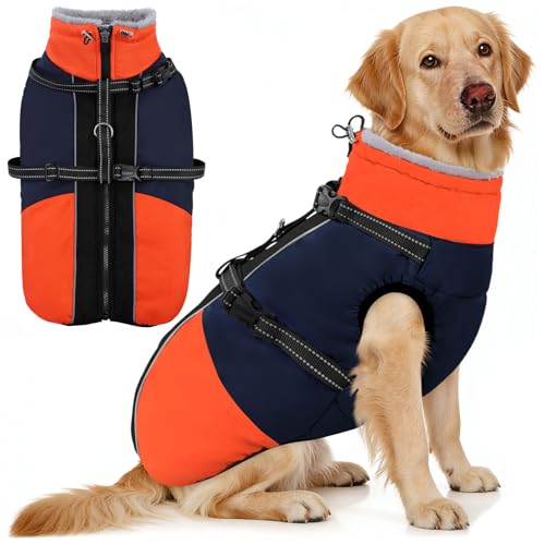 AOFITEE Dog Coat for Large Dogs, Waterproof Dog Winter Jacket with Built in Harness, Warm Turtleneck Cold Weather Coats Large, Reflective Fleece Lined Snow Jacket for French Bulldog, Boston Terrier, L - color: Blue, size: Large