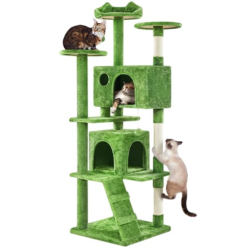 Yaheetech 70in Multi-Level Cat Tree Tall Cat Tower Cat Furniture with Condo, Scratching Posts & Dangling Ball for Indoor Cats Activity Center, Green - color: Green, size: 70in