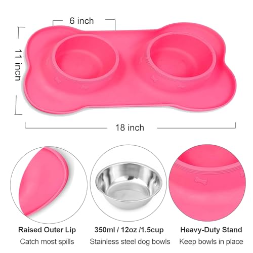 Dog Food Bowls Stainless Steel Pet Bowls & Dog Water Bowls with No-Spill and Non-Skid, Feeder Bowls with Dog Bowl Mat for Dogs Cats and Pets-Pink, 24 0z in Total - color: Pink, size: 1½ Cup/12 oz each