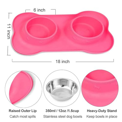 Dog Food Bowls Stainless Steel Pet Bowls & Dog Water Bowls with No-Spill and Non-Skid, Feeder Bowls with Dog Bowl Mat for Dogs Cats and Pets-Pink, 24 0z in Total - color: Pink, size: 1½ Cup/12 oz each