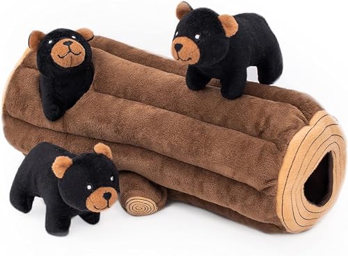 ZippyPaws Burrow- Interactive Dog & Puppy Toys for Boredom, Stimulating Pet Products to Keep Them Busy, Hide & Seek Plush Dog Puzzles, Enrichment Squeaky Toy, for Small & Medium Dogs- Black Bear Log