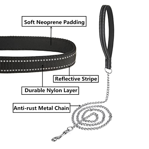 Chew Proof Metal Chain Leash,Nylon Handle with Soft Neoprene Padding and Reflective Stripe for Small Dogs.(S, Black Handle) - color: Reflective Black, size: Small