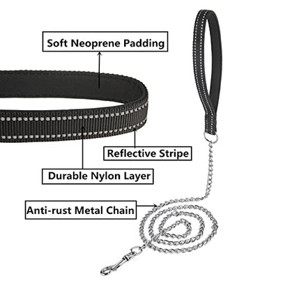 Chew Proof Metal Chain Leash,Nylon Handle with Soft Neoprene Padding and Reflective Stripe for Small Dogs.(S, Black Handle) - color: Reflective Black, size: Small