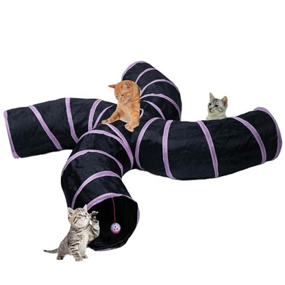 EGETOTA Cat Tunnel for Indoor Cats Large, with Play Ball S-Shape 4 Way Collapsible Interactive Peek Hole Pet Tube Toys, Puppy, Kitty, Kitten, Rabbit (S4 - Black & Pink) - color: S4 - Black & Pink
