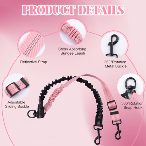 Double Dog Leash Coupler-360°Swivel,2 PCS No Tangle Walking Leash with Shock Absorbing Bungee for Outdoor Walk Train Small Medium Pet(Pink,Purple)