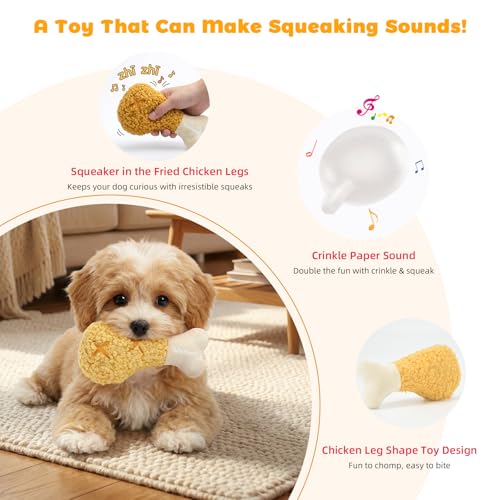 Chicken Leg Hide & Seek Plush Toy for Small Dogs & Puppies: Treat Dispensing Pocket, Squeaker and Crinkle Sounds, Chew for Aggressive Chewers and Teething - color: Yellow - Fried Chicken Leg