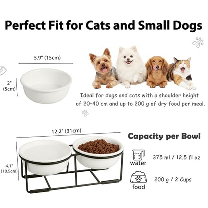 Ceramic Elevated Dog Bowl Set - Double Dog Food and Water Bowls with Metal Stand - Raised Pet Dishes for Puppies and Cats - 2 Cups - 12.5 fl oz - Matte White - color: Matte White, size: S-200ml
