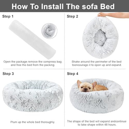Dog Calming Beds for Small Medium Large Dogs - Round Donut Washable Puppy Dog Bed, Anti-Slip Faux Fur Fluffy Donut Cuddle Anxiety Cat Pet Bed (28" Rose) - color: Rose, size: 28"L x 28"W x 8"Th