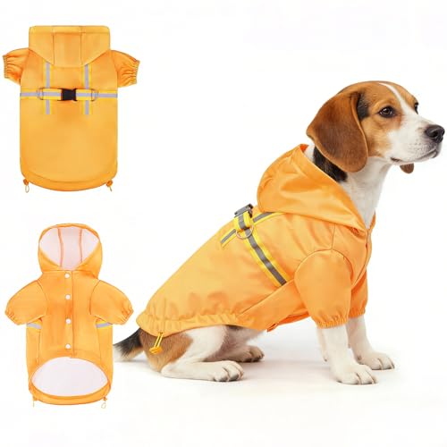 BEAUTYZOO Dog Raincoats for Large Dogs Waterproof, Dog Rain Jacket with Harness Built in, Reflective Doggie Rain Vest with Hood & Leash Ring for Boy Girl Puppy, Pet Slicker Poncho Clothes, Yellow L - color: Solid Yellow, size: L(Back 18.1", Chest 25.5", N