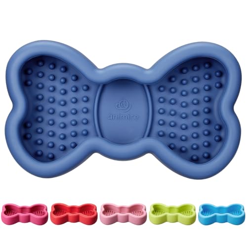 Lick Mat for Dogs, Animire Anti-Spilled Bow Tie Lick Bowls for Anxiety Relief, Silicone Slow Feeder Licking Pad with Suction Cups, Freezeable Dog Enrichment Toy for Boredom(Dark Blue,L) - color: A-Dark blue, size: L