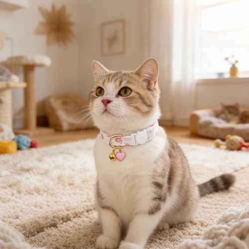Cotton Breakaway Cat Collar, Adjustable Kitten Safety Collar with Strawberry Pendant, Lightweight Pet Collar for Cats (Pink) - size: Medium