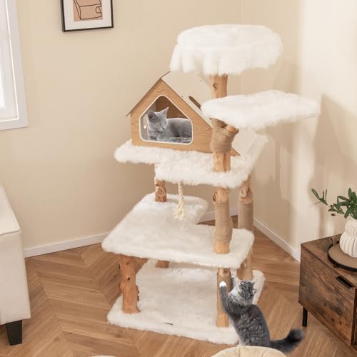 Tangkula Solid Wood Cat Tree, Modern Wooden Cat Tower with Jute Scratching Posts, 2 Perches, Condo, Sisal Rope, Soft Long Plush, 60 Inch Tall Cat Tree Tower for Indoor Cats Large Adult - style: Triangle Condo