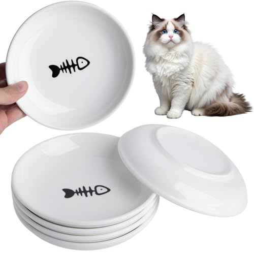 Cat Food Bowl Set of 6, Ceramic Cat Bowls, Anti Whisker Fatigue Cats Bowl Set,5.9 Inches Shallow Wide Kitten Plates for Wet/Dry Food, Indoor Pets (Fish Bone) - color: Fish Bone