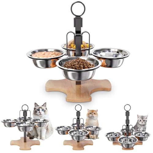 Adjustable Elevated Cat Bowls with Stand, 3 Height Raised Food & Water Bowl Set for Indoor Cats, 4 Stainless Steel Tilted Pet Dishes for Small Dogs, Non-Slip Feeding Station with Anti-Spill Design - size: 4 cat bowls