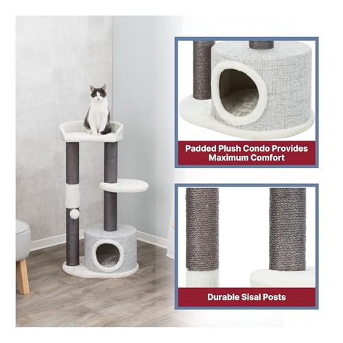 TRIXIE Pilar Cat Scratching Post 39.4 Inch - with Durable Sisal Rope (Gray) and Condo, Two Platforms, Top Platform with Backrest & Dangling Cat Toy - in Gray - color: Pilar